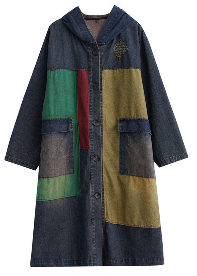 Vintage Colorblock Patchwork Knap Hooded Denim Trench Coat Langærmet - Dame trenchcoats