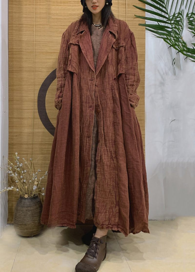Vintage Karamel Kærv Knap Linned Trenchcoat Fjeder