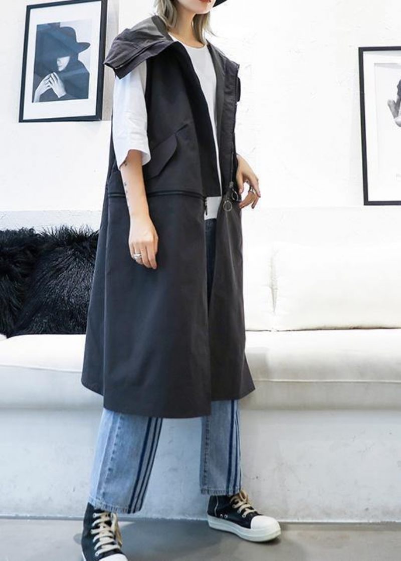 Vintage Plus Size Mellemlængde Ærmeløse Frakker Sort Hætte Med Lynlås Frakke - Grå