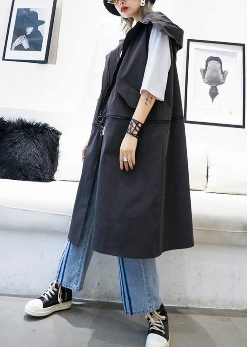 Vintage Plus Size Mellemlængde Ærmeløse Frakker Sort Hætte Med Lynlås Frakke - Grå