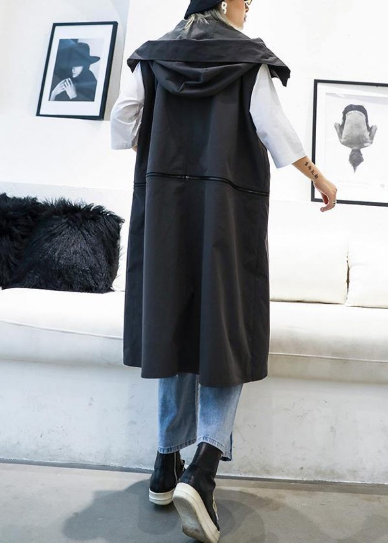 Vintage Plus Size Mellemlængde Ærmeløse Frakker Sort Hætte Med Lynlås Frakke - Grå