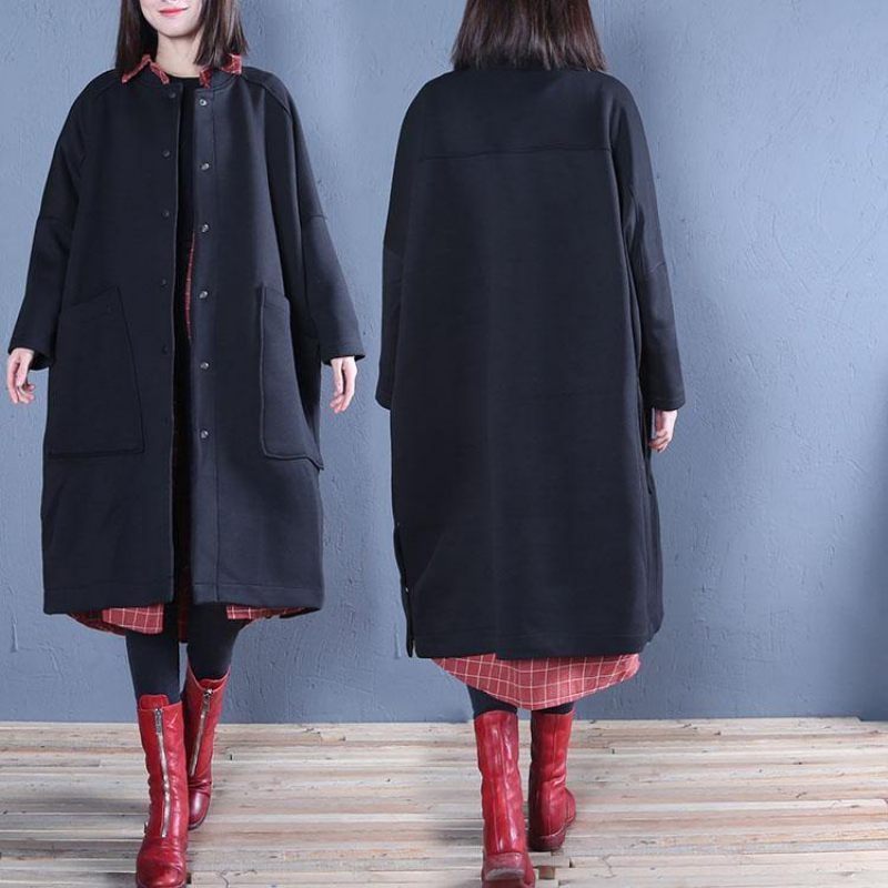 Vintage Plus Size Tøj Sort Side Åben Efterår Kvinder Frakker - Dame trenchcoats