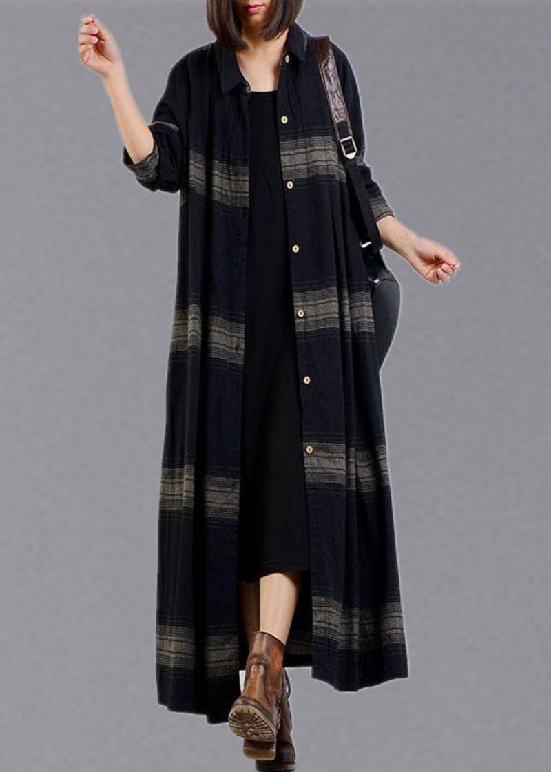 Vintage Plus Size Tøj Trenchcoat Efterår Sort Plaid Revers Knapfrakker - Dame trenchcoats