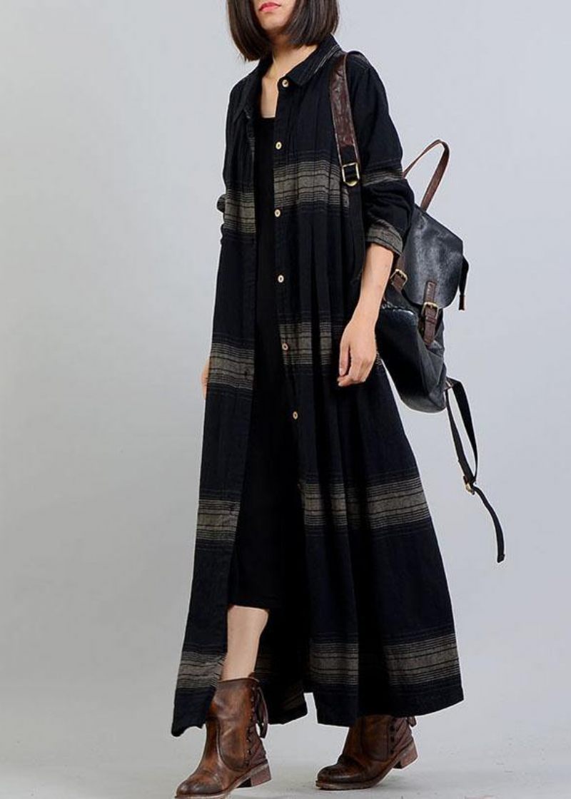 Vintage Plus Size Tøj Trenchcoat Efterår Sort Plaid Revers Knapfrakker - Dame trenchcoats
