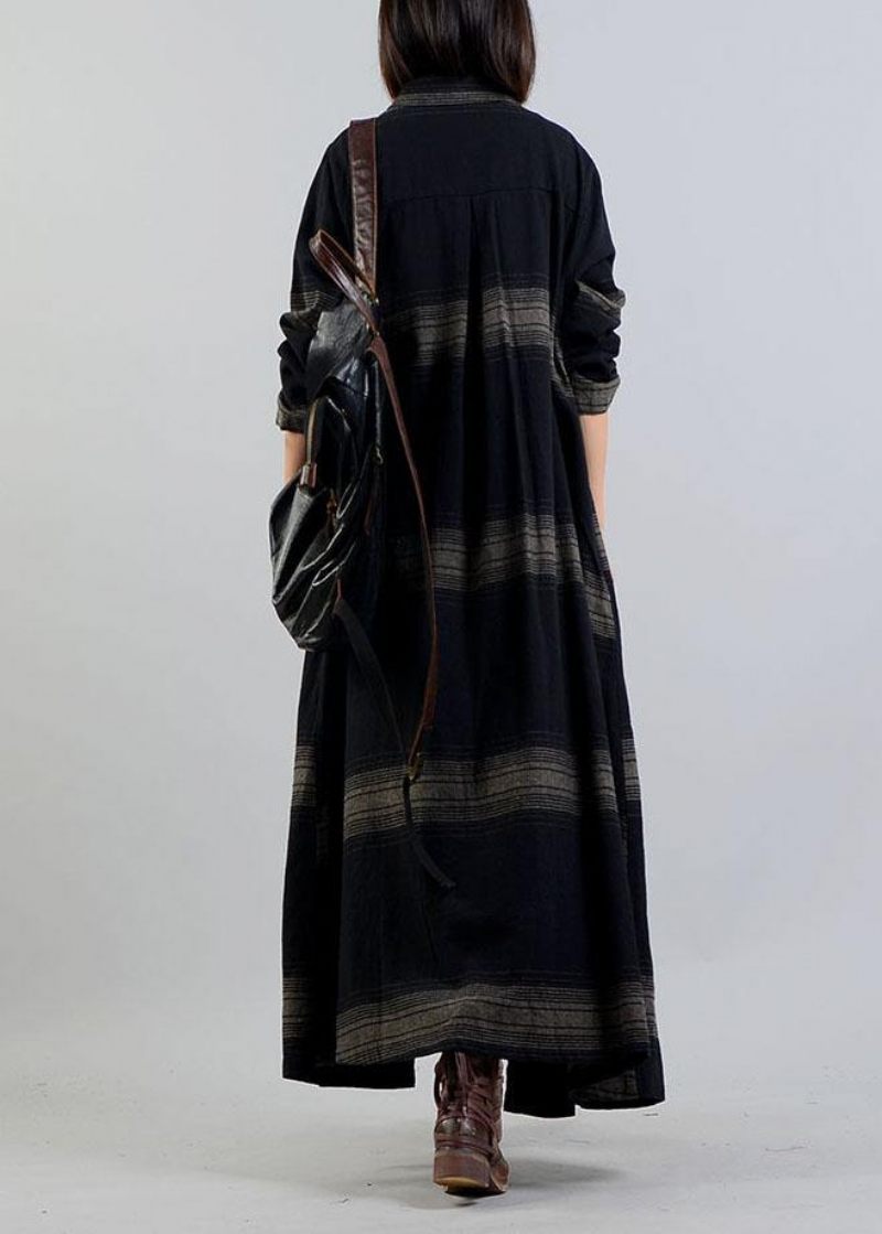 Vintage Plus Size Tøj Trenchcoat Efterår Sort Plaid Revers Knapfrakker - Dame trenchcoats