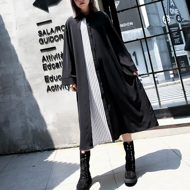 Vintage Sorte Kaftaner Oversized Turn-down Krave Efterår Kjoler Elegante Patchwork Baggy - Dame trenchcoats