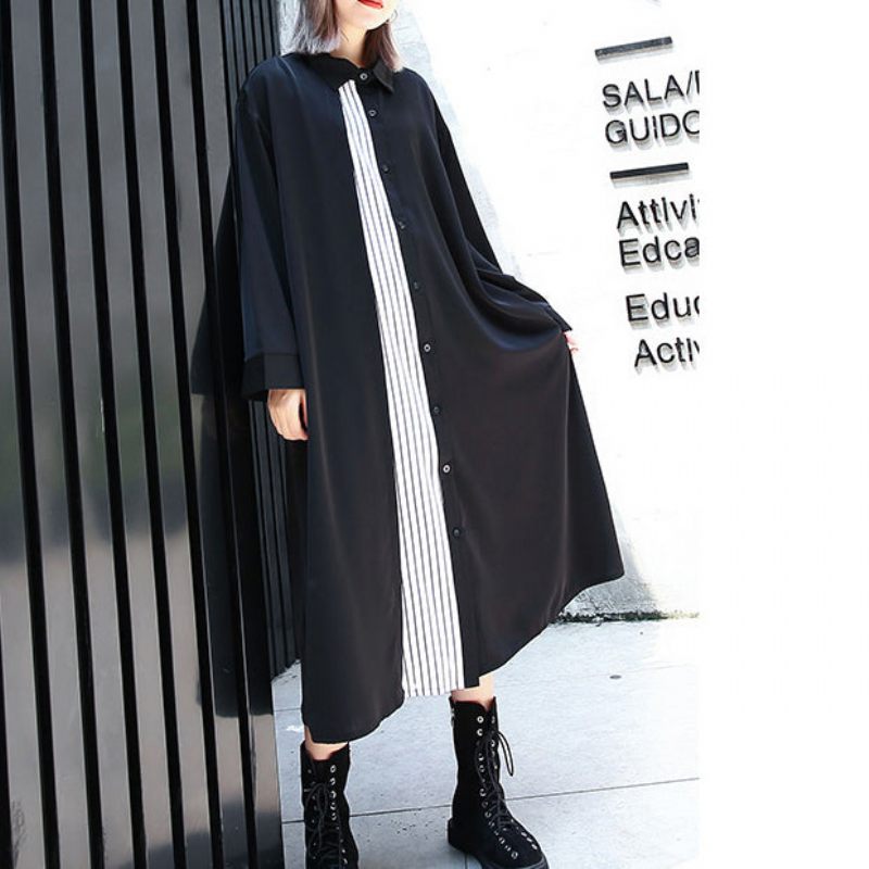 Vintage Sorte Kaftaner Oversized Turn-down Krave Efterår Kjoler Elegante Patchwork Baggy - Dame trenchcoats