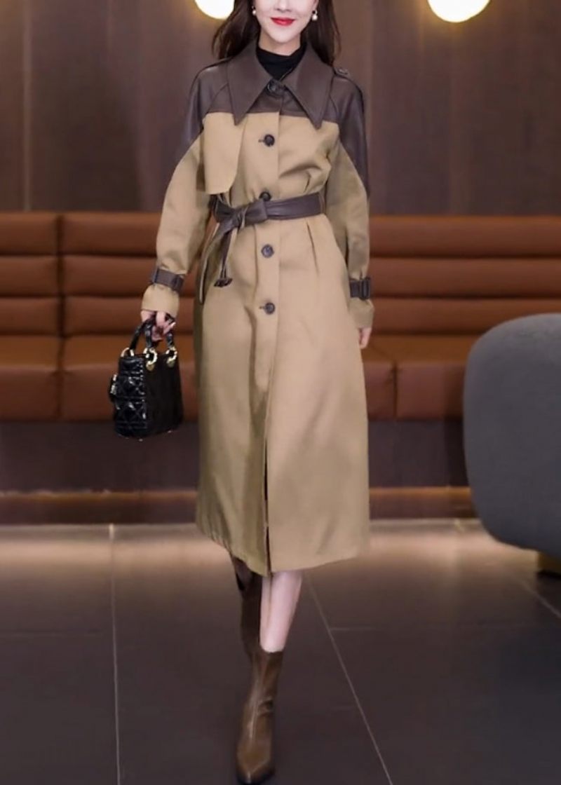 Vogue Khaki Peter Pan Kravelommer Patchwork Knap Sashes Trench Coat Spring
