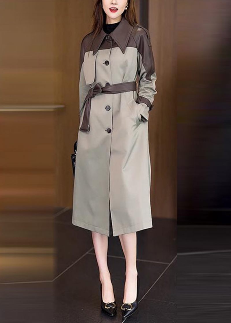 Vogue Khaki Peter Pan Kravelommer Patchwork Knap Sashes Trench Coat Spring - Kaki
