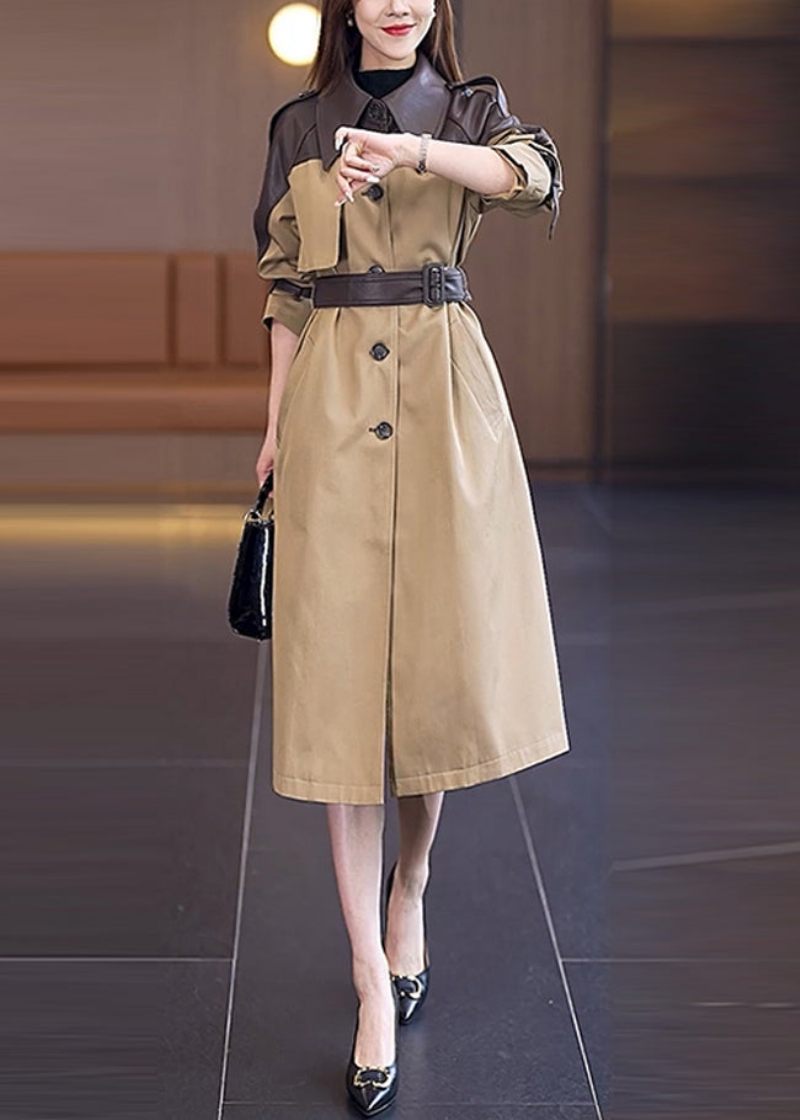Vogue Khaki Peter Pan Kravelommer Patchwork Knap Sashes Trench Coat Spring - Kaki