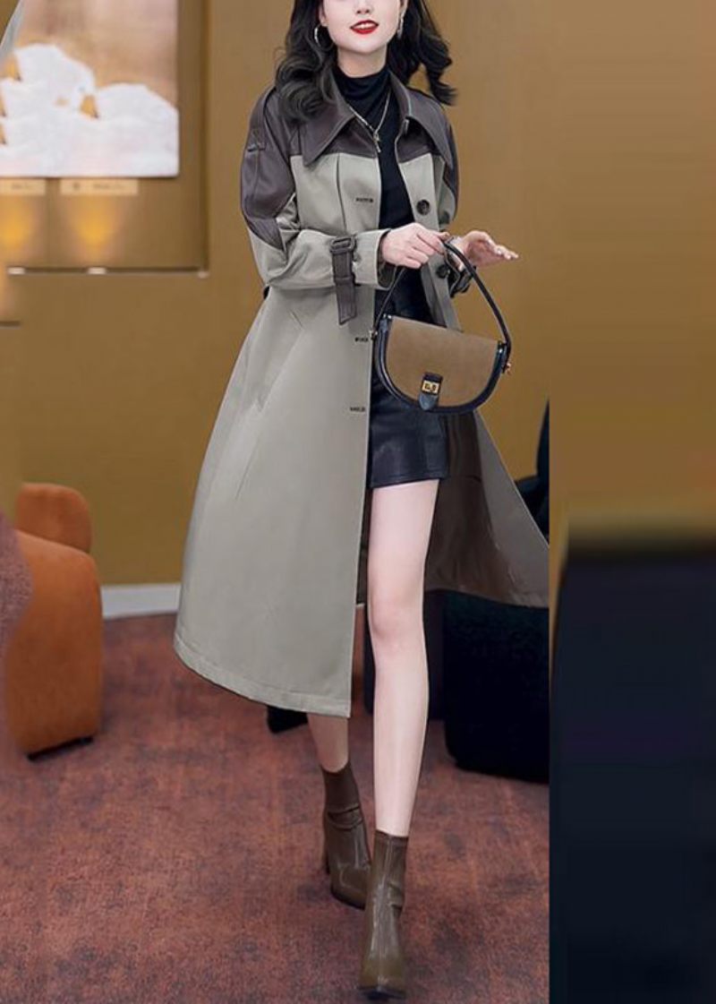 Vogue Khaki Peter Pan Kravelommer Patchwork Knap Sashes Trench Coat Spring - Kaki