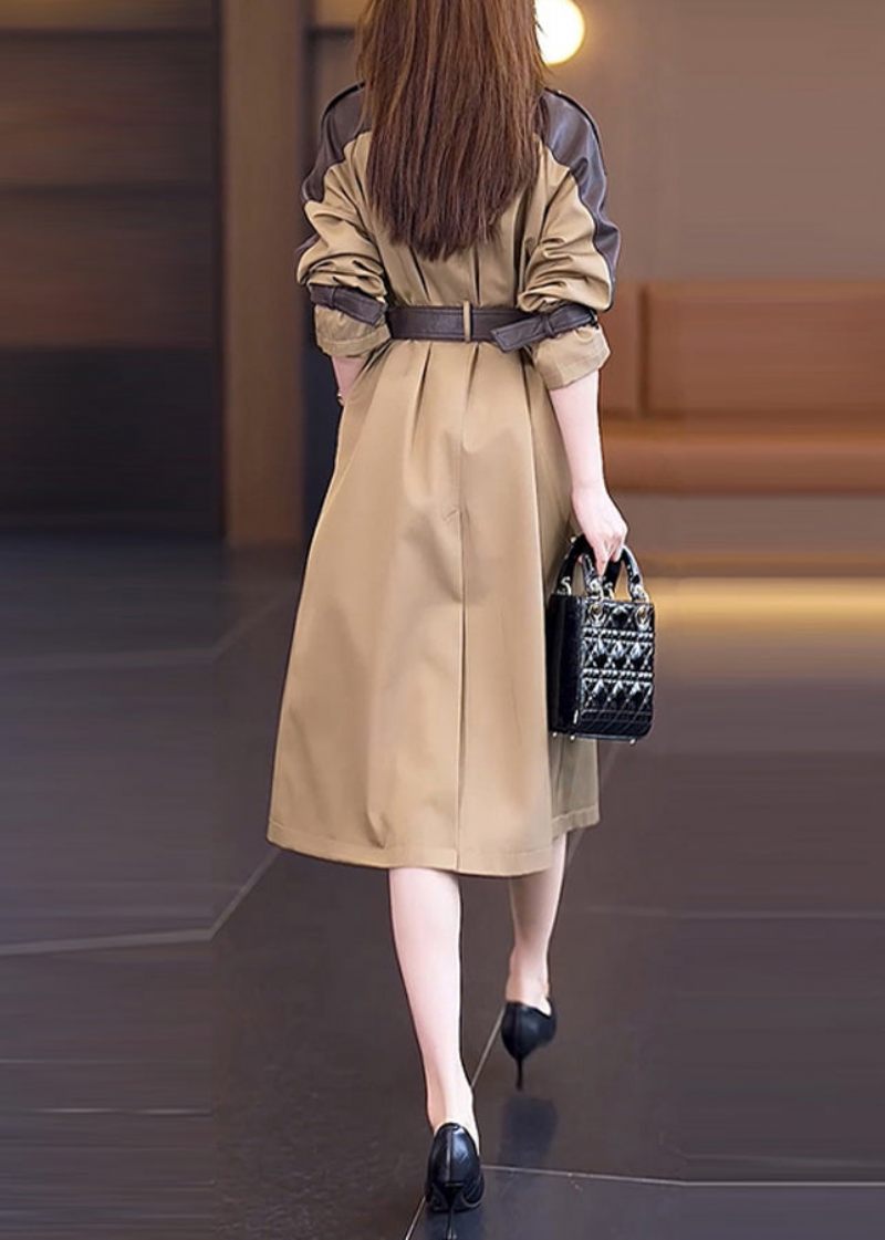 Vogue Khaki Peter Pan Kravelommer Patchwork Knap Sashes Trench Coat Spring - Kaki